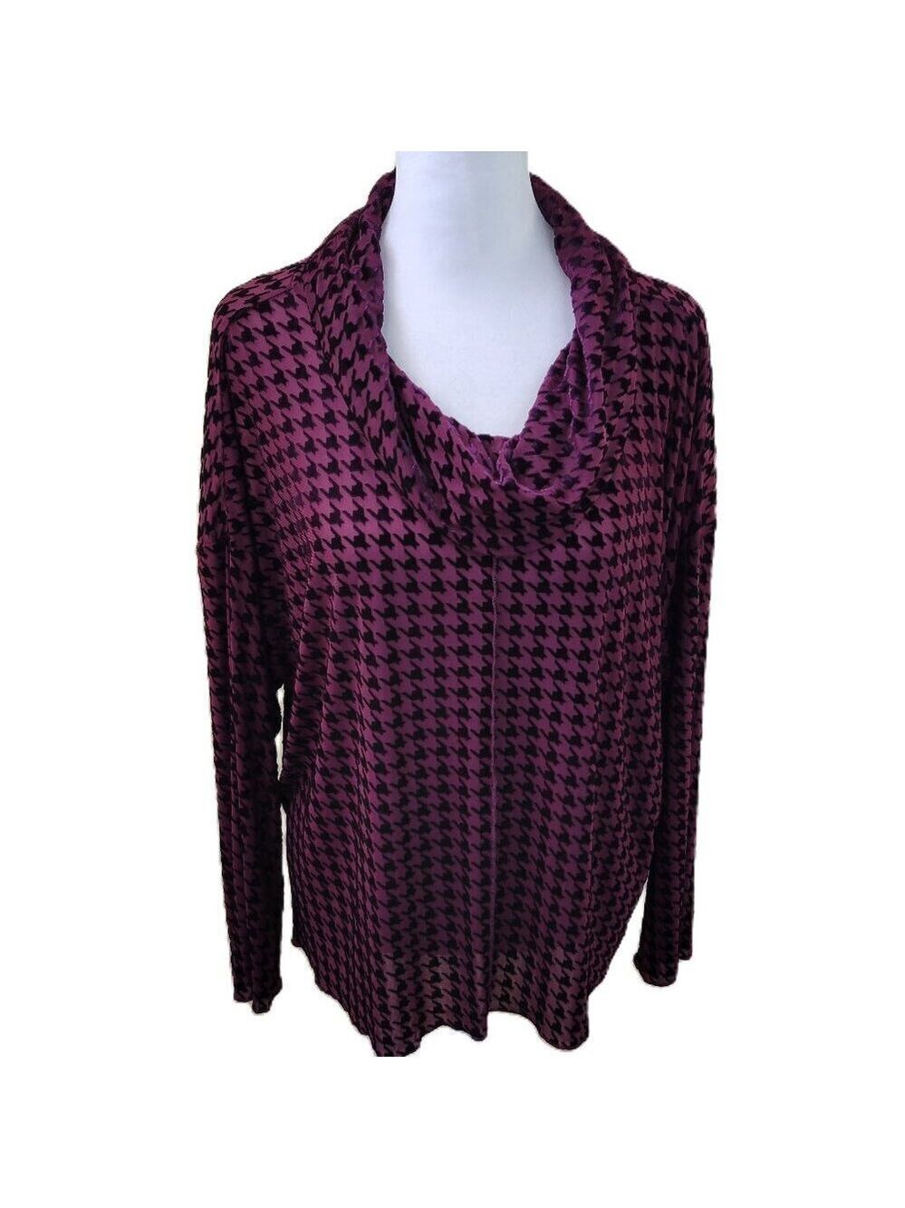 LIV by Habitat Clothes Burgundy Velvet Mesh Houndstooth Sheer Cowl Top Size M